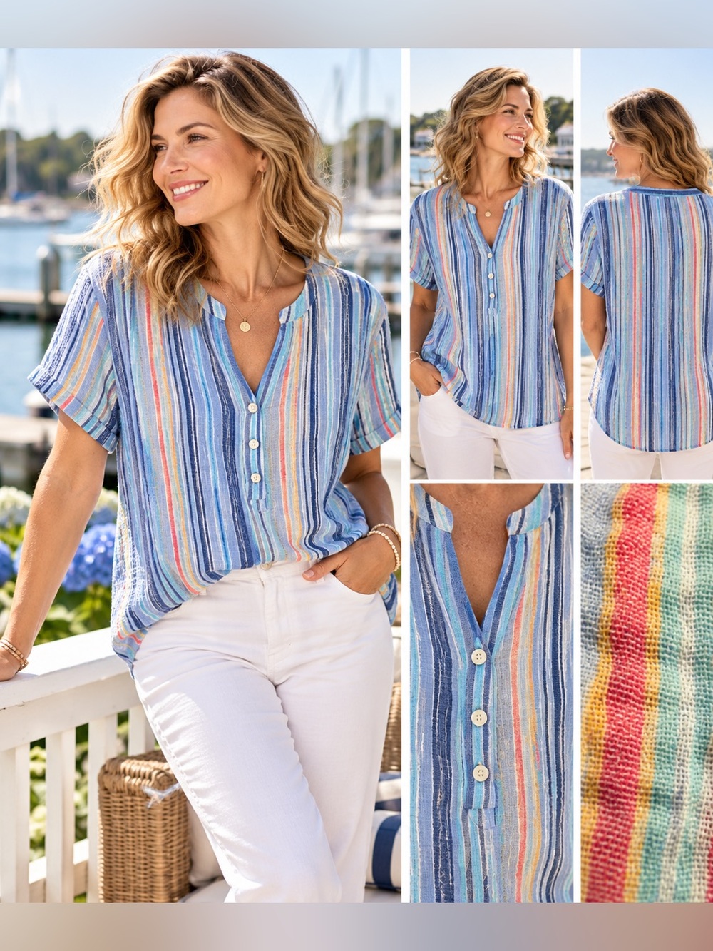 Nautica XL Coastal Striped Linen-Look Top Blue Beachy Nautical Blouse